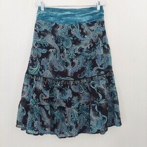 STAR CITY Midi Skirt Size 3 Blue Black Gypsy Ruffle Velvet Paisley Boho Chic